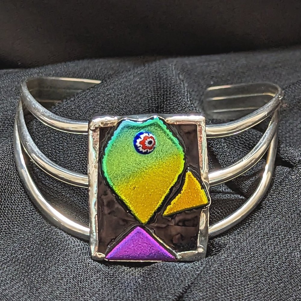 Triple Strand Sterling Silver Band Dichroic FISH Adjustable Bracelet - Picture 7 of 7